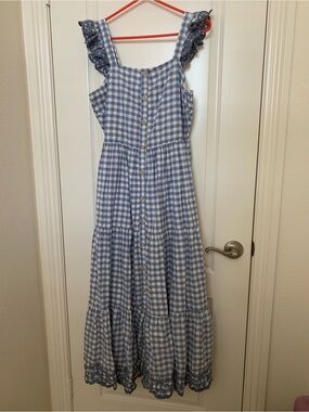 NWT Shabby Chic Blue Gingham Lace Trim Maxi Dress Size 8 Cottagecore Prairie